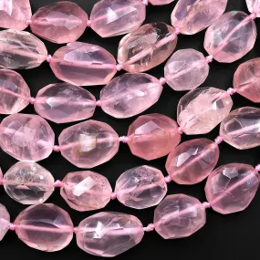 AAA Faceted Translucent Natural Rose Quartz Nugget Beads Pink Gemstone From Madagascar 15.5" Strand