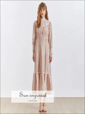 April Dress- Polka Dot Lace Patchwork Dress Turtleneck Collar Lantern Sleeve