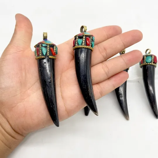 Carved Tusk Tooth Pendant, Tribal Pendants, Bohemian Jewelry, Unique Turquoise Jewelry, Handmade Pendants, Tooth Shape Statement Jewelry