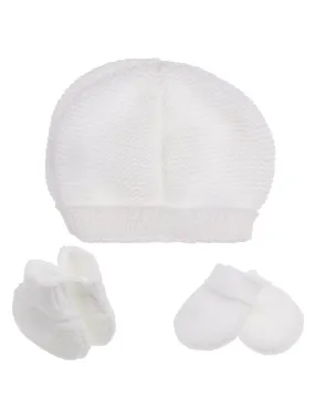 Knitted Hat, Mittens & Booties Set - White